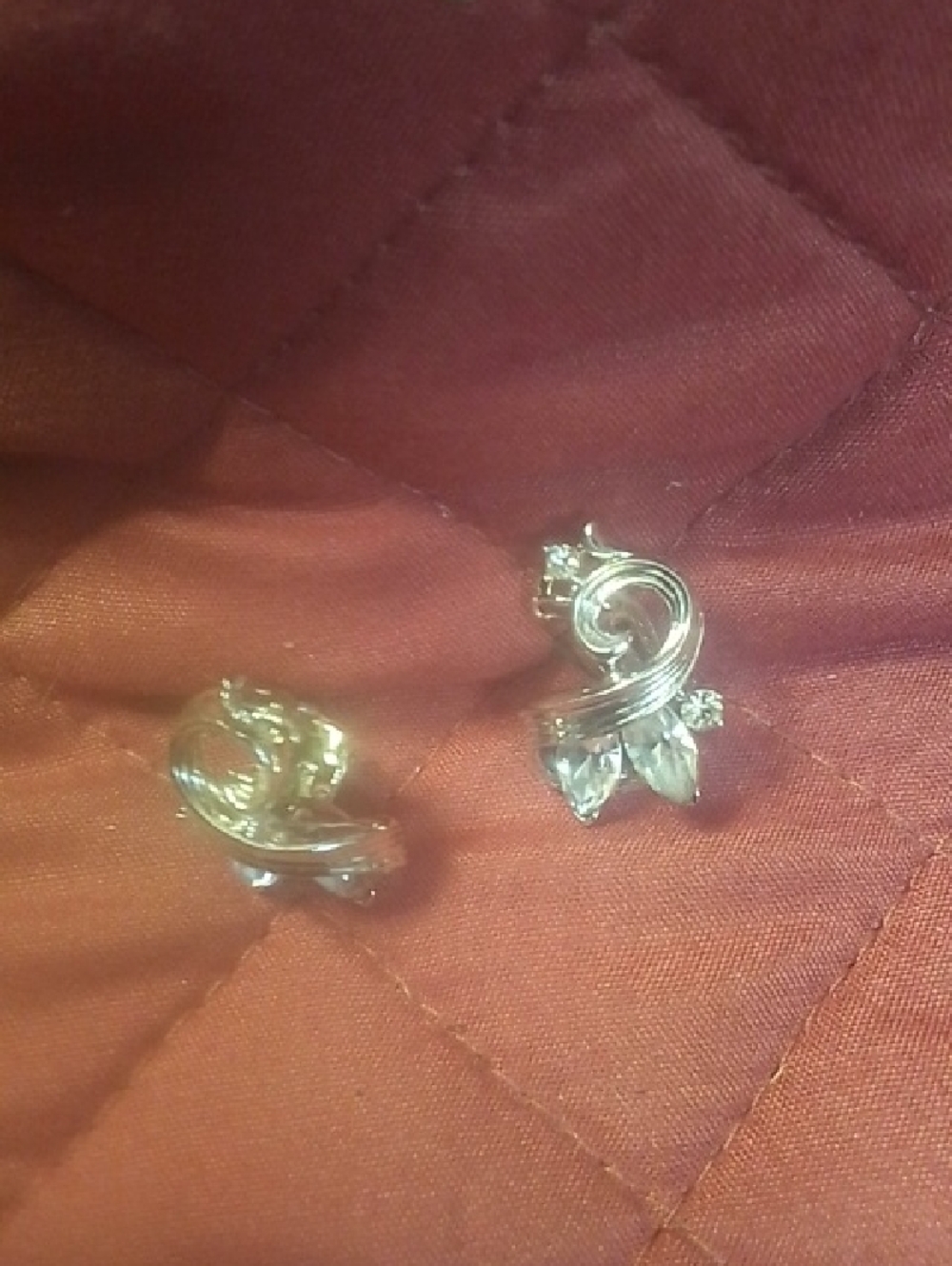 Silver Swirl Crystal Clip Earrings - Clear Stones